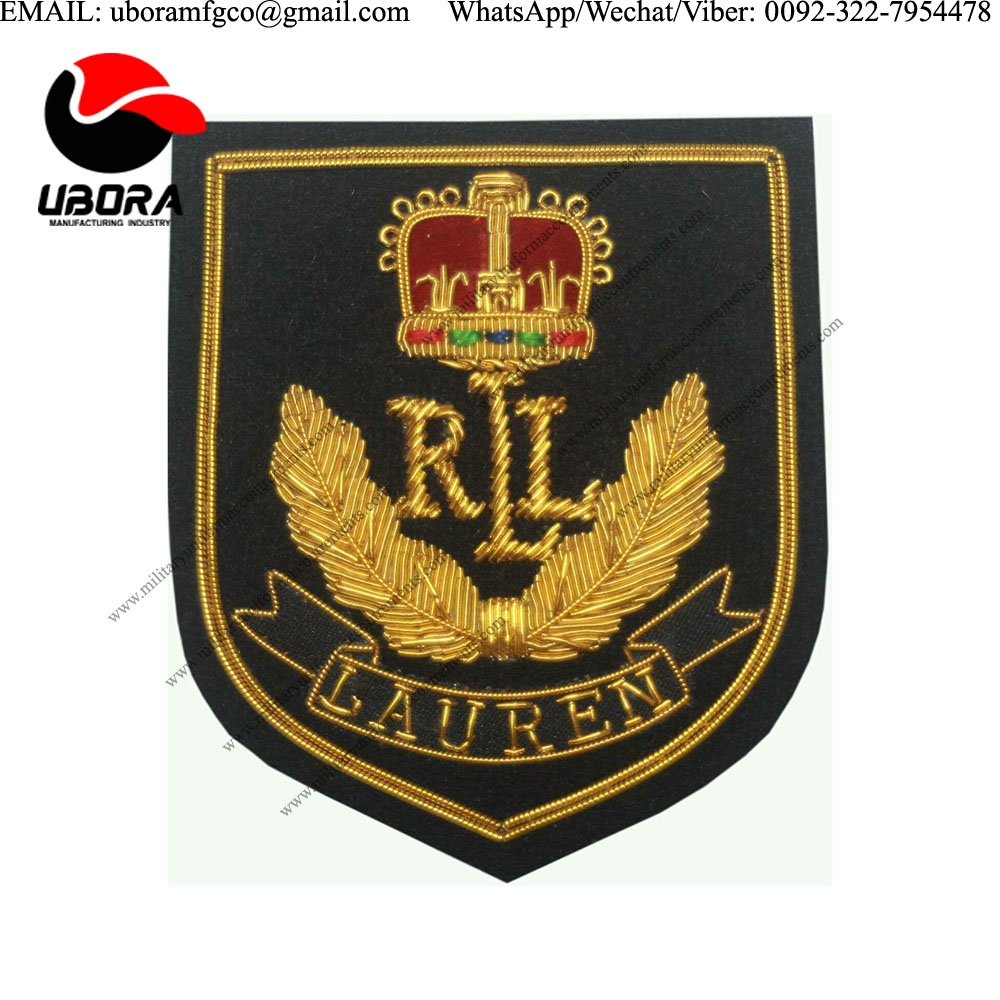 HandMade Embroider Gold Bullion Wired Military Blazer Badge Hand Made Embroider bullion crests